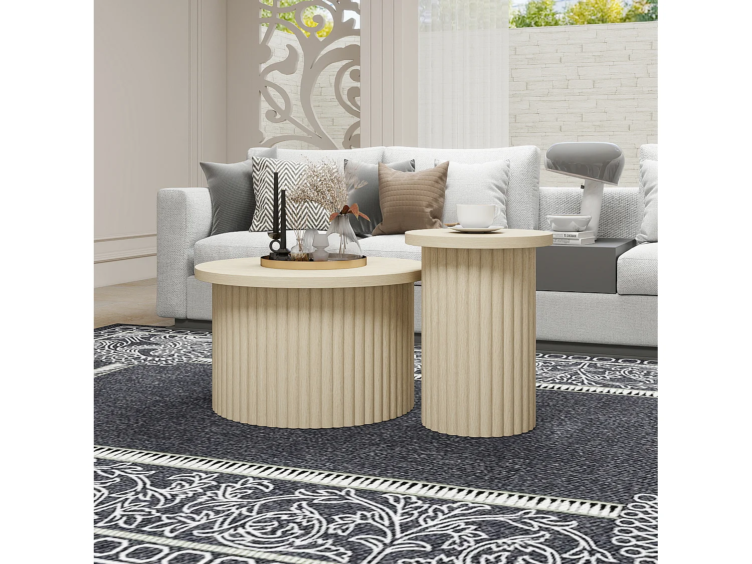 Ensemble de tables basses rondes, design en bois naturel, 2 pièces, MDF, avec base ondulée (68.7x40.6 cm, 40.1x51.7 cm)