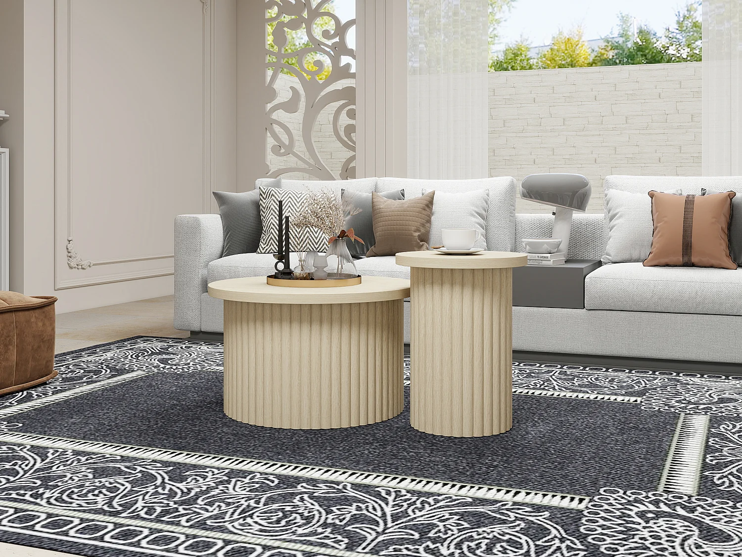 Ensemble de tables basses rondes, design en bois naturel, 2 pièces, MDF, avec base ondulée (68.7x40.6 cm, 40.1x51.7 cm)