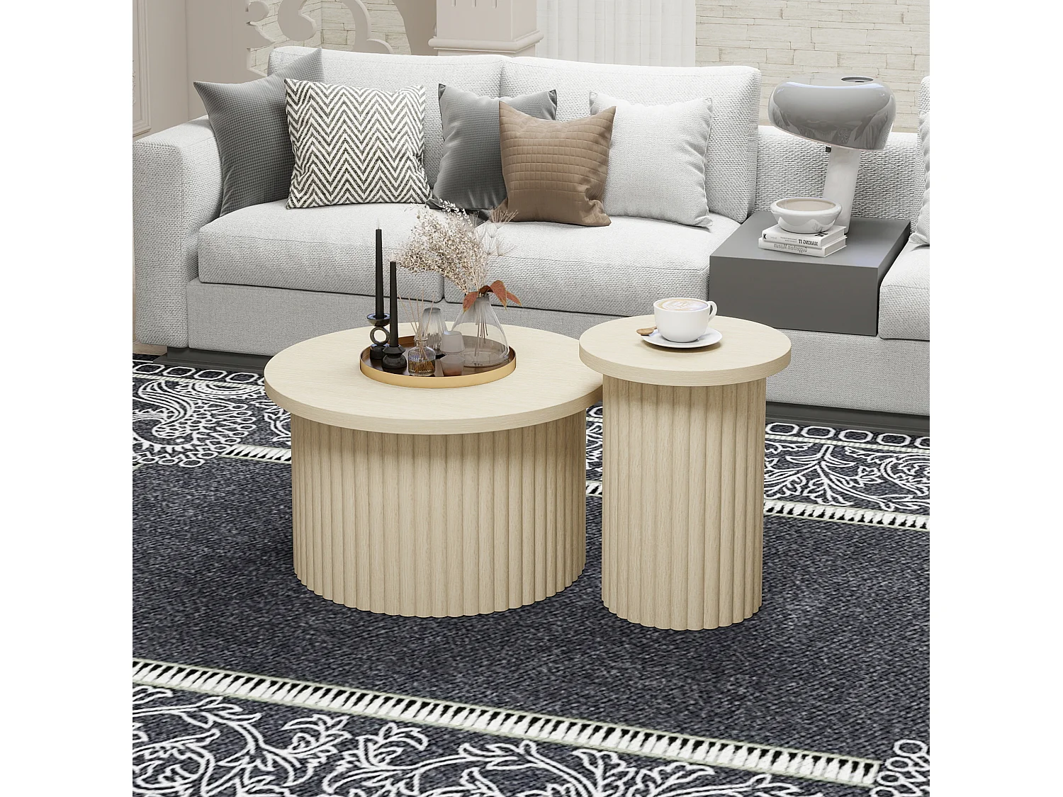 Ensemble de tables basses rondes, design en bois naturel, 2 pièces, MDF, avec base ondulée (68.7x40.6 cm, 40.1x51.7 cm)