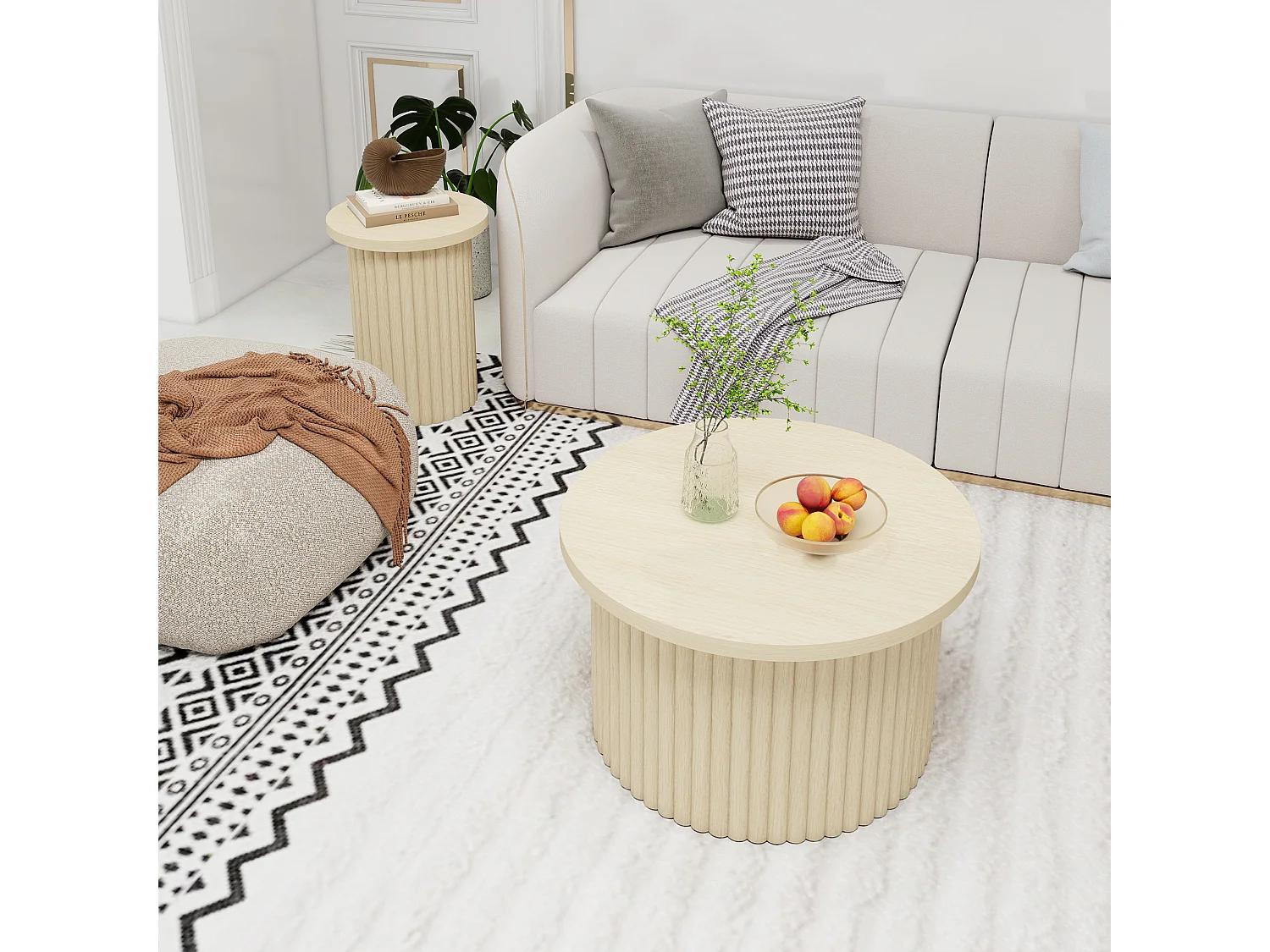 Ensemble de tables basses rondes, design en bois naturel, 2 pièces, MDF, avec base ondulée (68.7x40.6 cm, 40.1x51.7 cm)