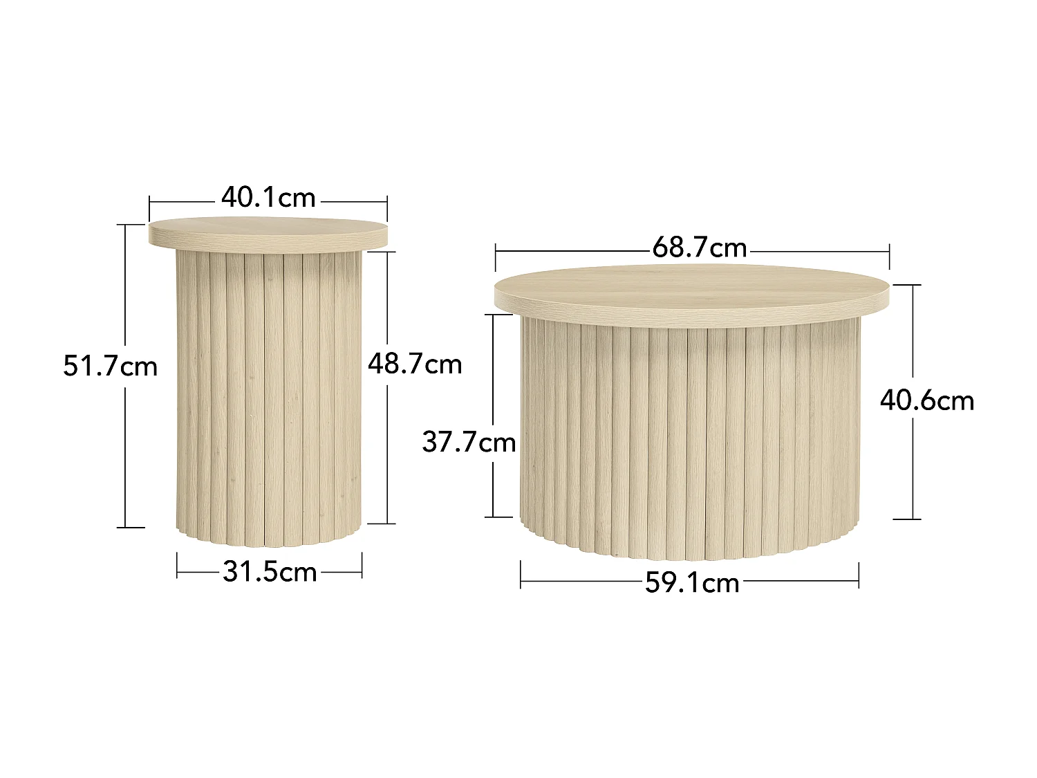 Ensemble de tables basses rondes, design en bois naturel, 2 pièces, MDF, avec base ondulée (68.7x40.6 cm, 40.1x51.7 cm)