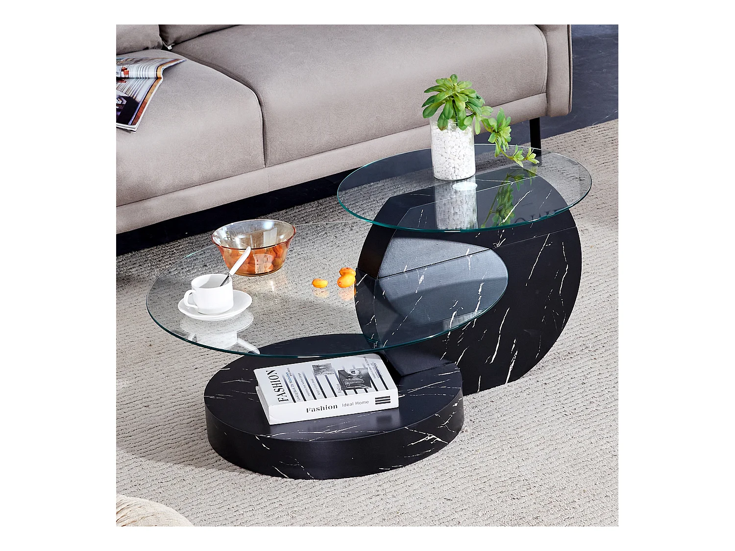 Table basse moderne en verre trempé, design minimaliste, MDF et verre, finition noire (90x69.8x43.2 cm)