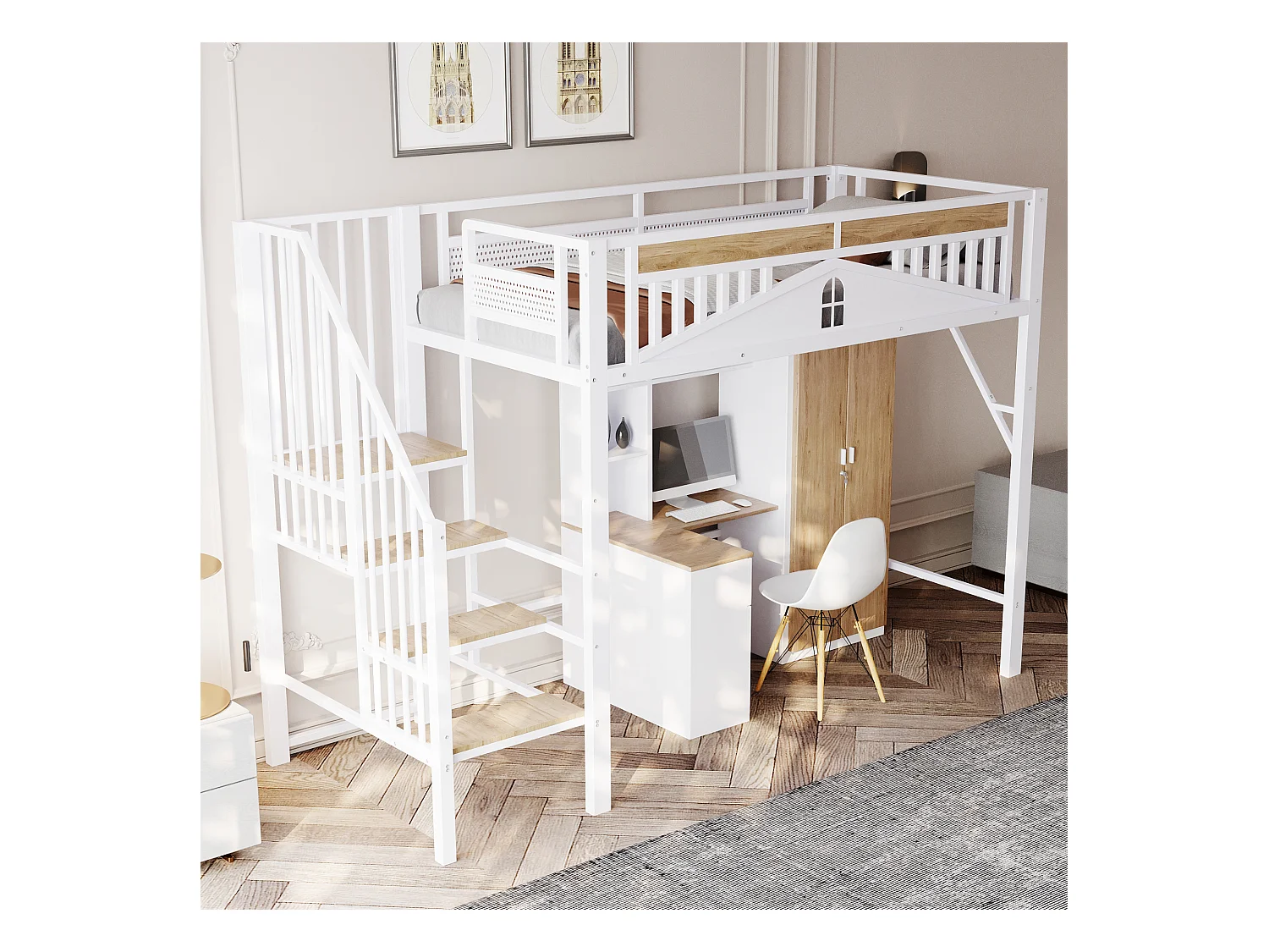 Lit mezzanine métal 90 x 200 cm, sécurité renforcée avec fenêtres, échelle sécurisée, espace de rangement sous le lit, blanc (255x95x170 cm)