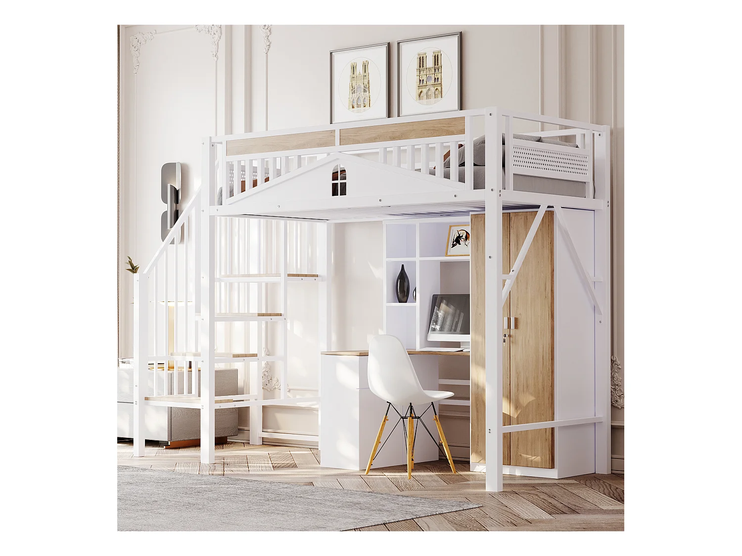 Lit mezzanine métal 90 x 200 cm, sécurité renforcée avec fenêtres, échelle sécurisée, espace de rangement sous le lit, blanc (255x95x170 cm)