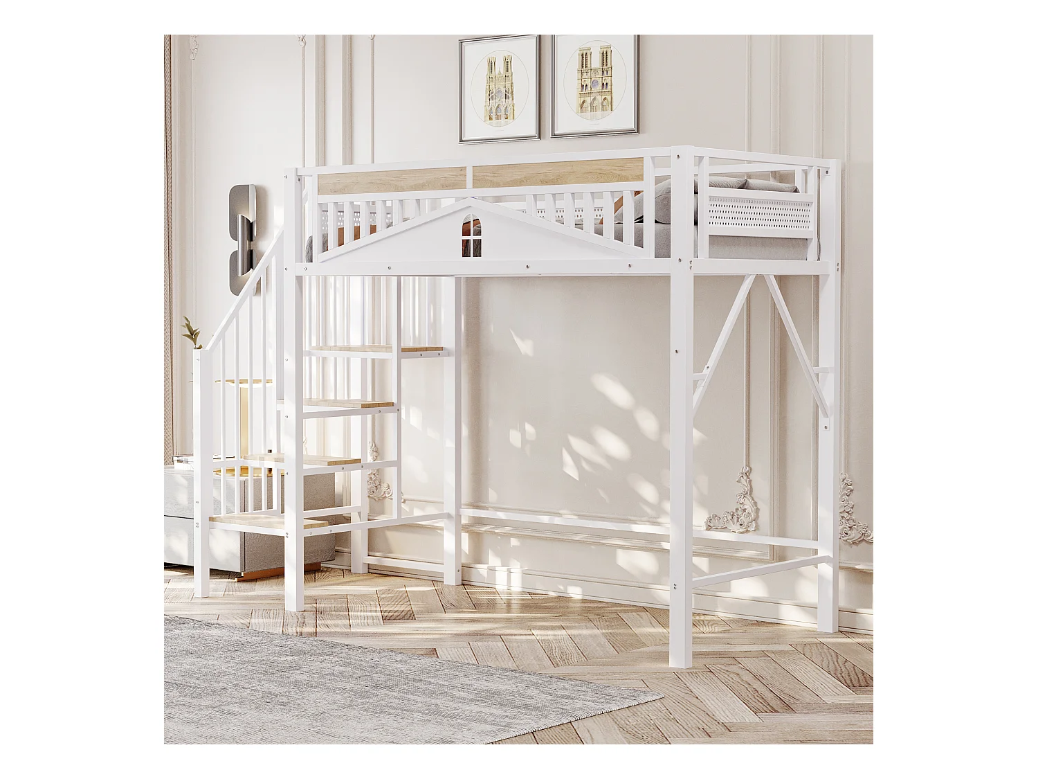 Lit mezzanine métal 90 x 200 cm, sécurité renforcée avec fenêtres, échelle sécurisée, espace de rangement sous le lit, blanc (255x95x170 cm)