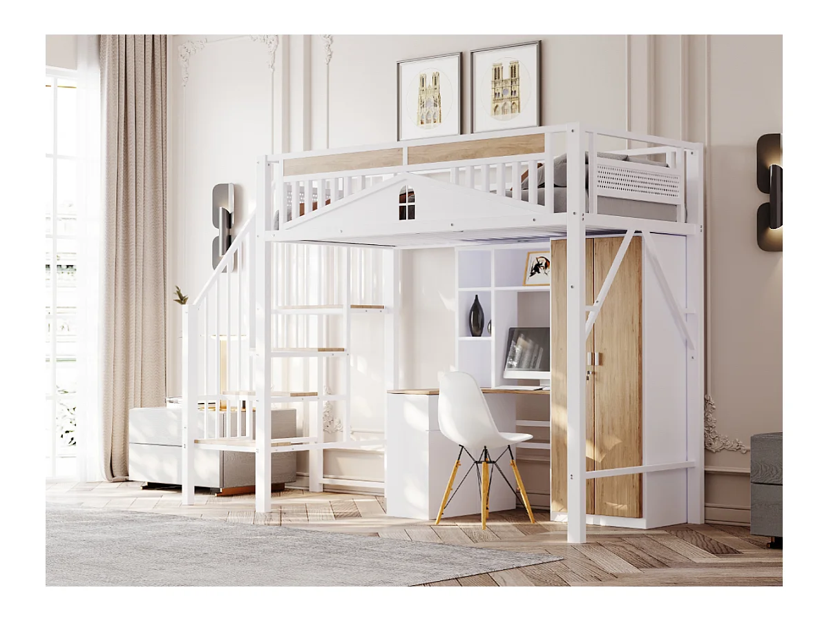 Lit mezzanine métal 90 x 200 cm, sécurité renforcée avec fenêtres, échelle sécurisée, espace de rangement sous le lit, blanc (255x95x170 cm)