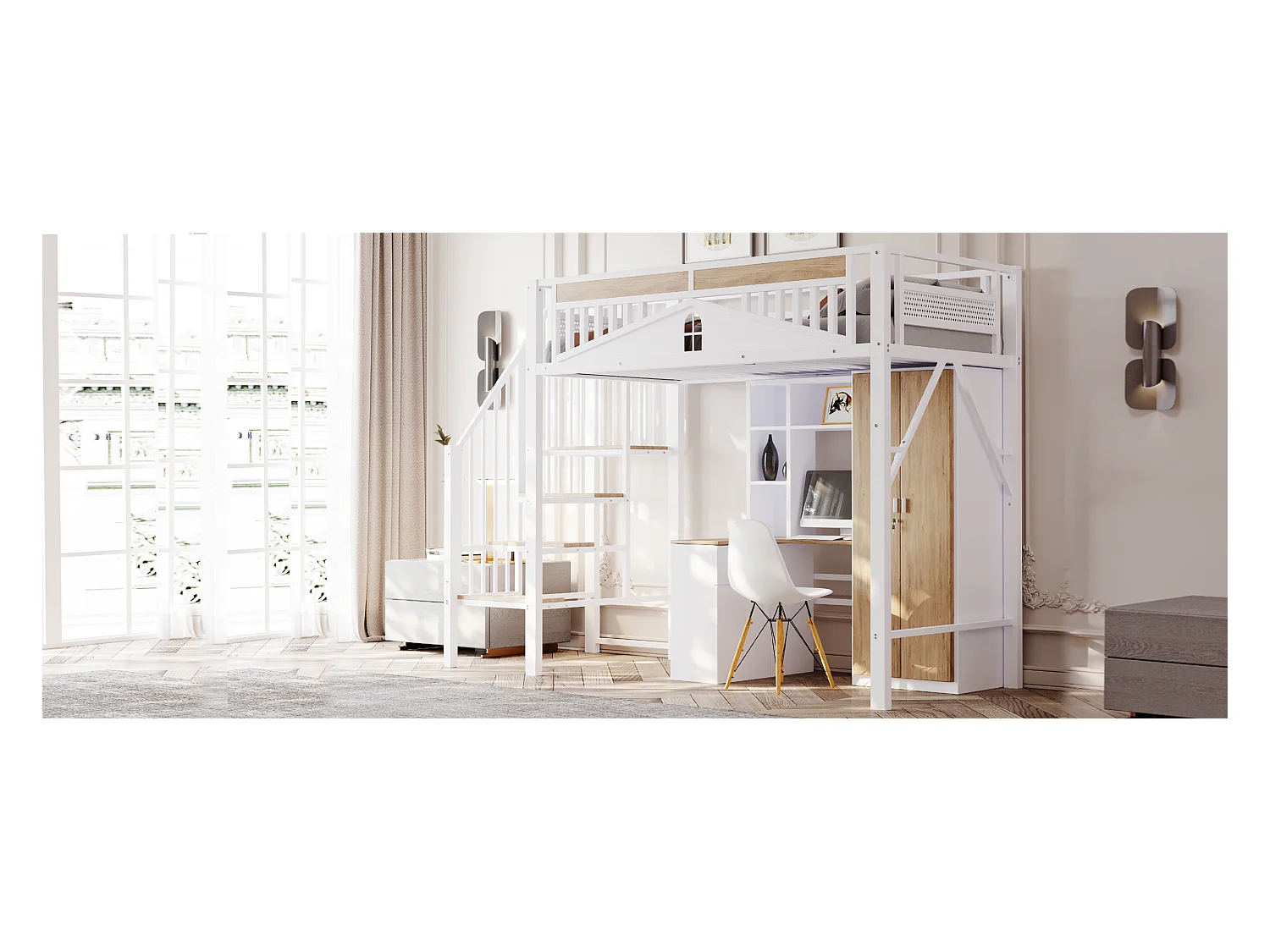 Lit mezzanine métal 90 x 200 cm, sécurité renforcée avec fenêtres, échelle sécurisée, espace de rangement sous le lit, blanc (255x95x170 cm)