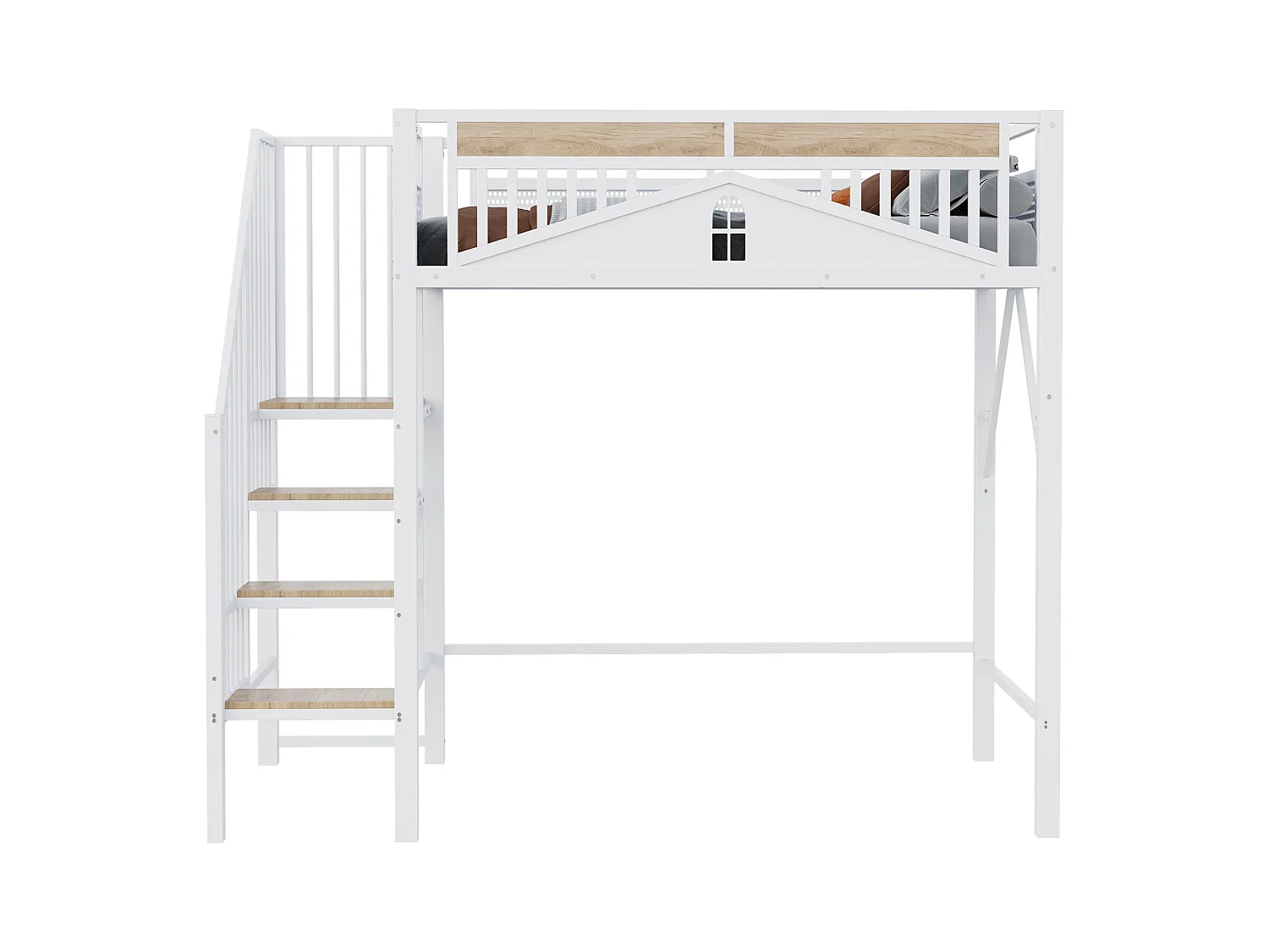 Lit mezzanine métal 90 x 200 cm, sécurité renforcée avec fenêtres, échelle sécurisée, espace de rangement sous le lit, blanc (255x95x170 cm)