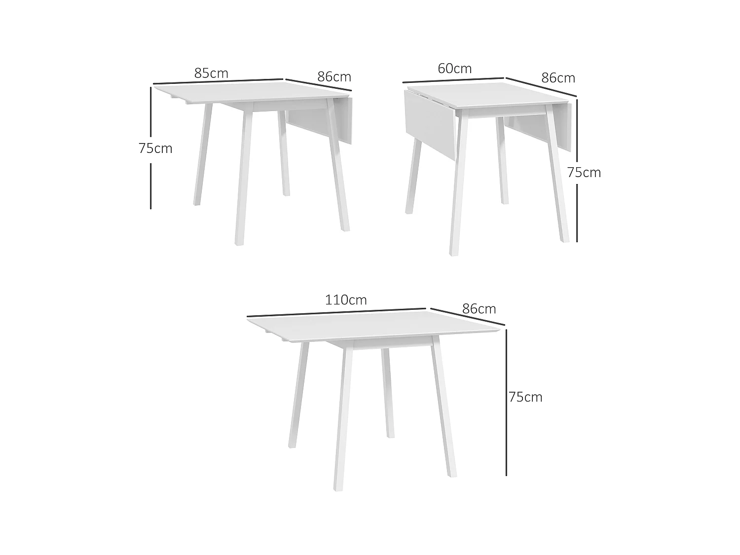 Table de cuisine pliante, bois, pour 2-4 personnes, blanc (110x86x75 cm)