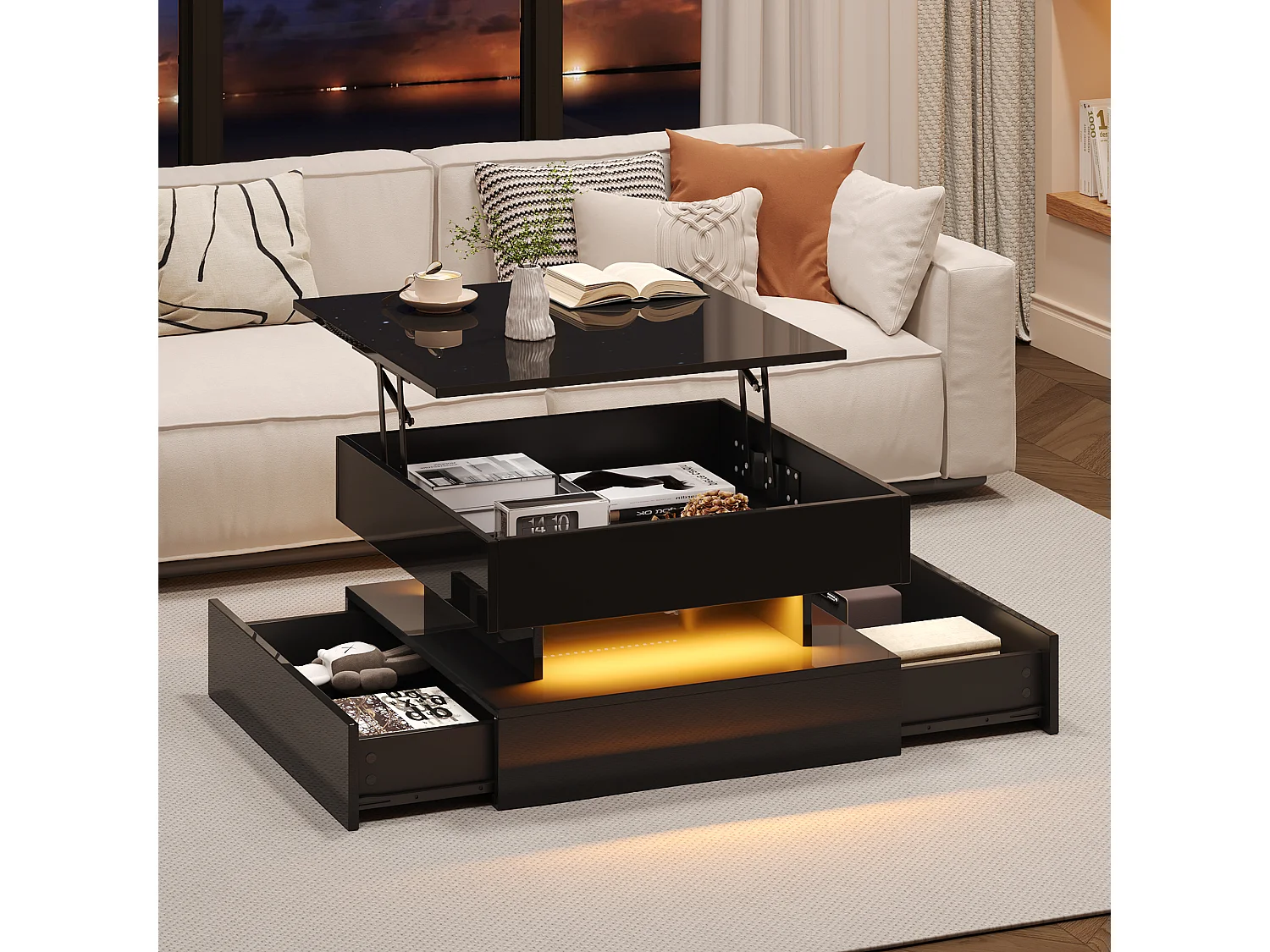 Opklapbare salontafel met LED, 2 lades, geometrisch design, spaanplaatmateriaal, zwart (65x65x38,5 cm)