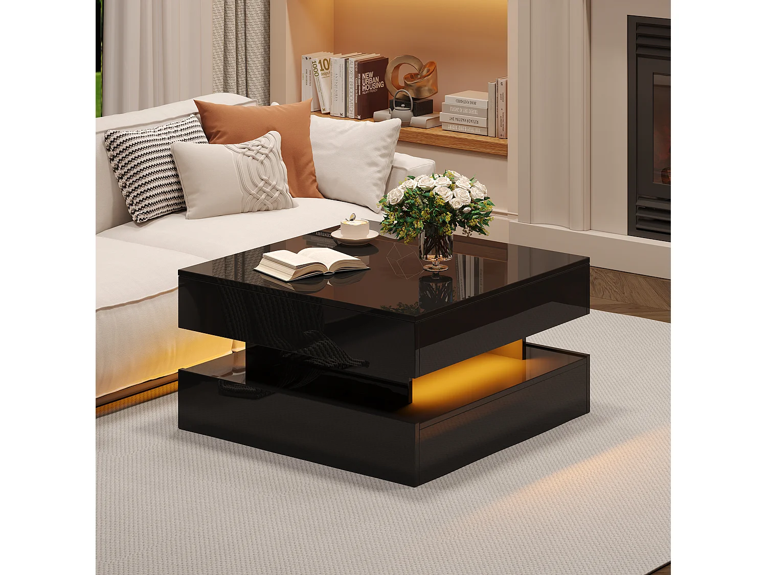 Opklapbare salontafel met LED, 2 lades, geometrisch design, spaanplaatmateriaal, zwart (65x65x38,5 cm)