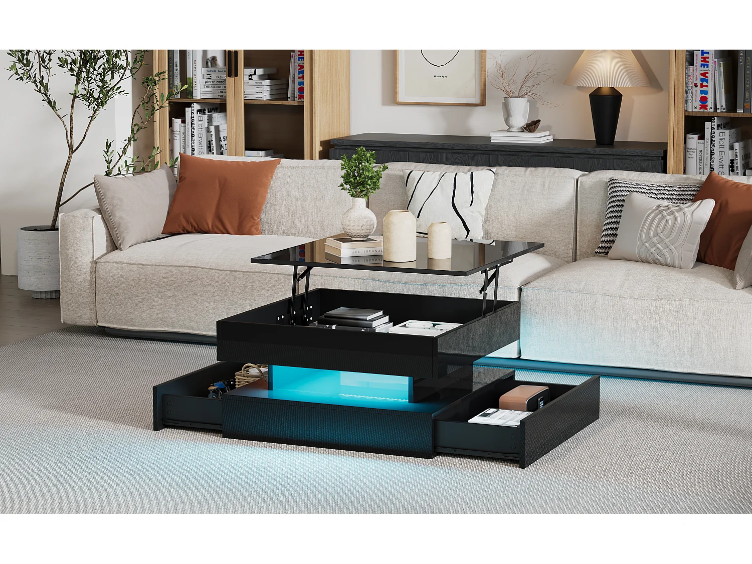 Opklapbare salontafel met LED, 2 lades, geometrisch design, spaanplaatmateriaal, zwart (65x65x38,5 cm)