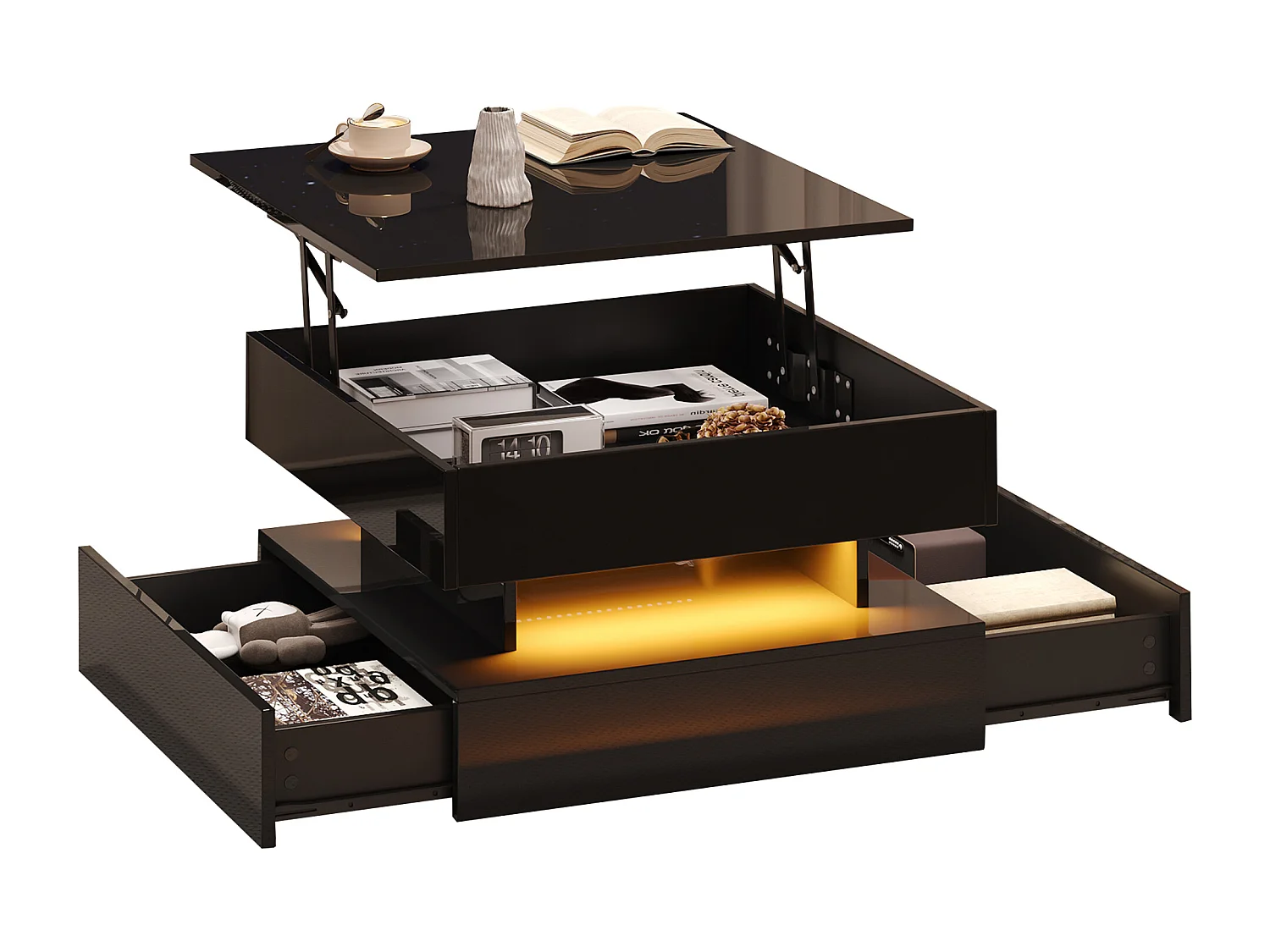Opklapbare salontafel met LED, 2 lades, geometrisch design, spaanplaatmateriaal, zwart (65x65x38,5 cm)