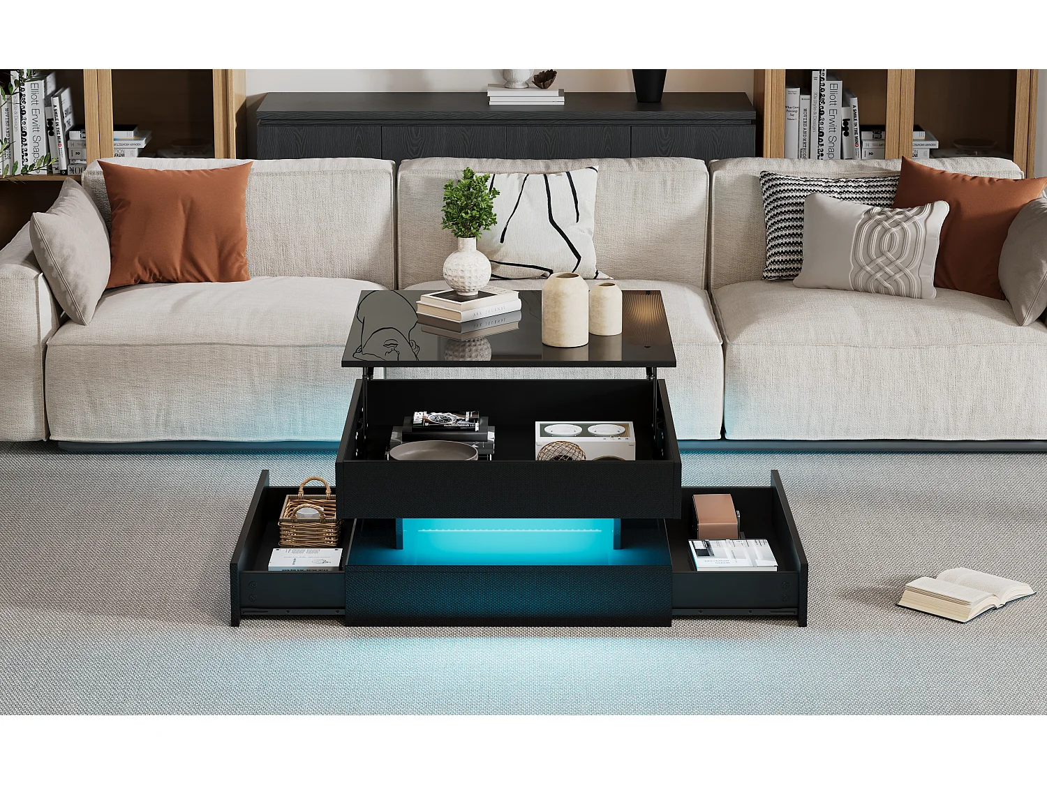 Opklapbare salontafel met LED, 2 lades, geometrisch design, spaanplaatmateriaal, zwart (65x65x38,5 cm)