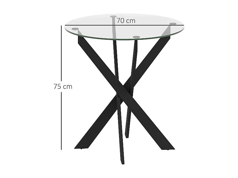 Ronde eettafel, gehard glazen blad, zwarte stalen poten, modern design, zwart en transparant (70x70x75cm)