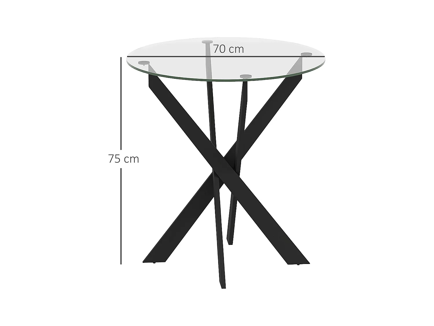 Runder Esstisch, Platte aus gehärtetem Glas, Beine aus schwarzem Stahl, modernes Design, schwarz und transparent (70x70x75cm)