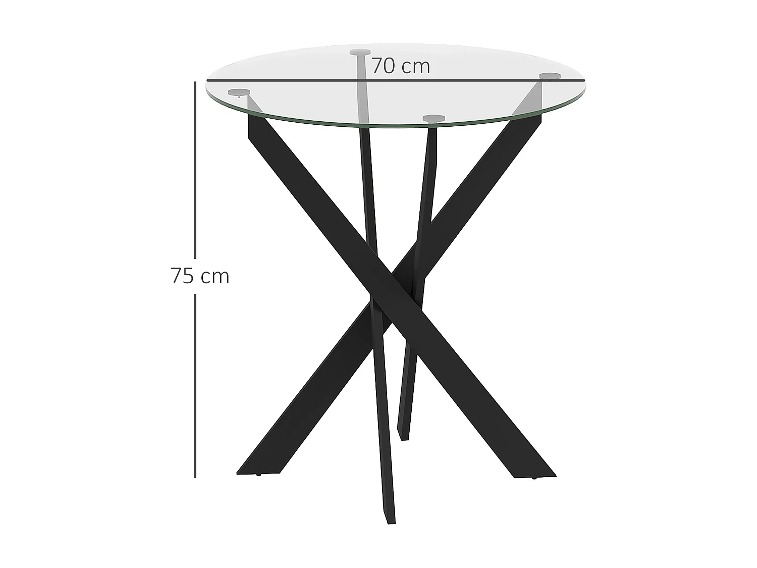 Mesa de comedor redonda, tapa de cristal templado, patas de acero negro, diseño moderno, negra y transparente (70x70x75cm)