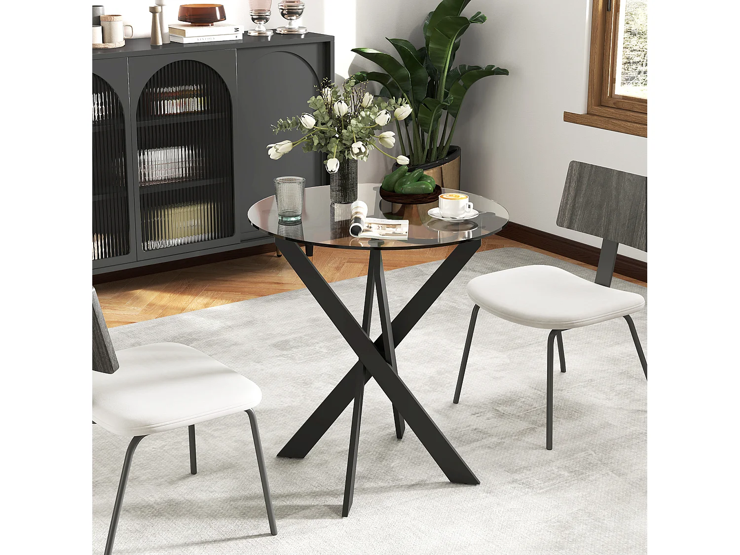 Mesa de comedor redonda, tapa de cristal templado, patas de acero negro, diseño moderno, negra y transparente (70x70x75cm)