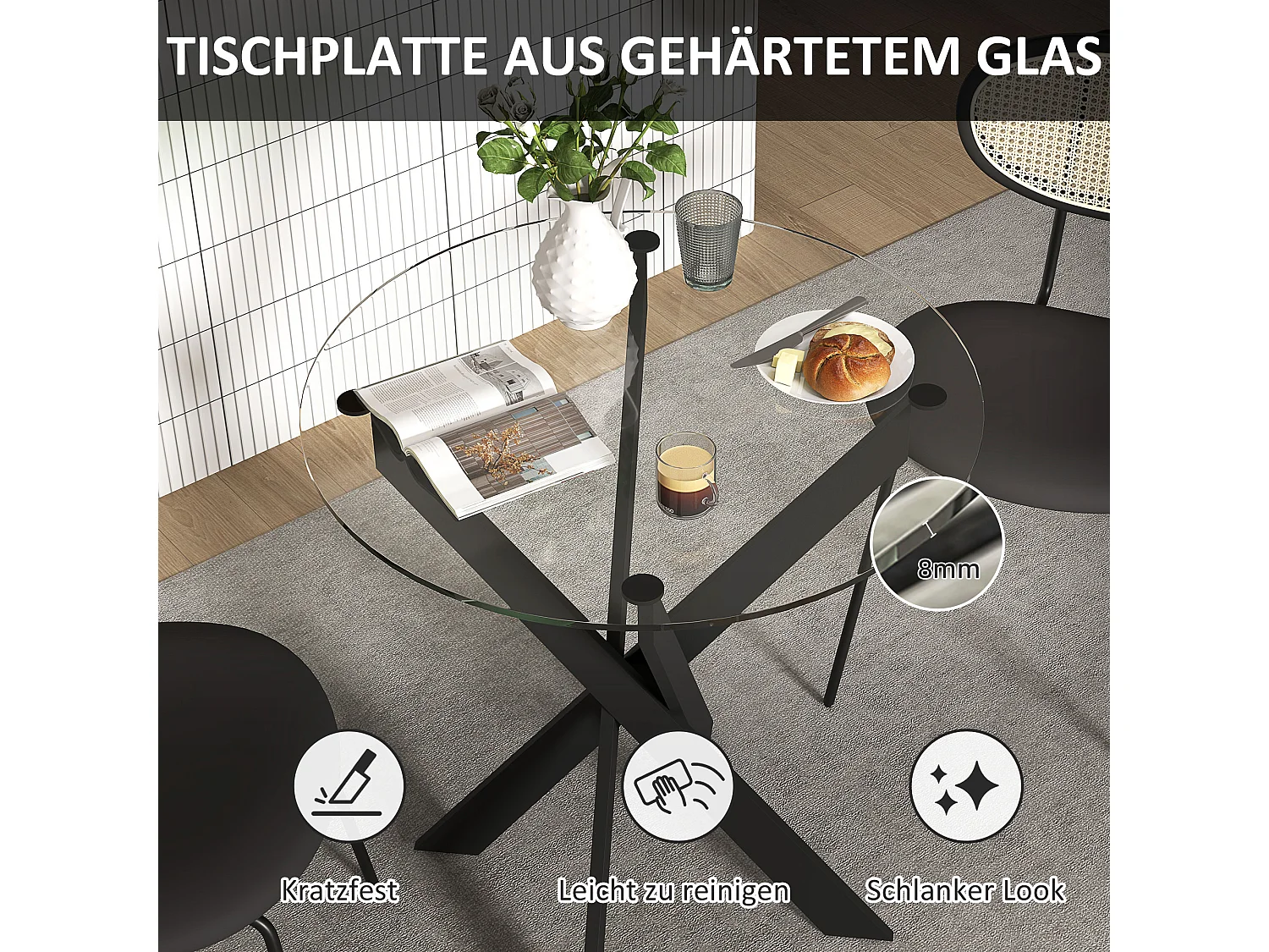 Mesa de comedor redonda, tapa de cristal templado, patas de acero negro, diseño moderno, negra y transparente (70x70x75cm)