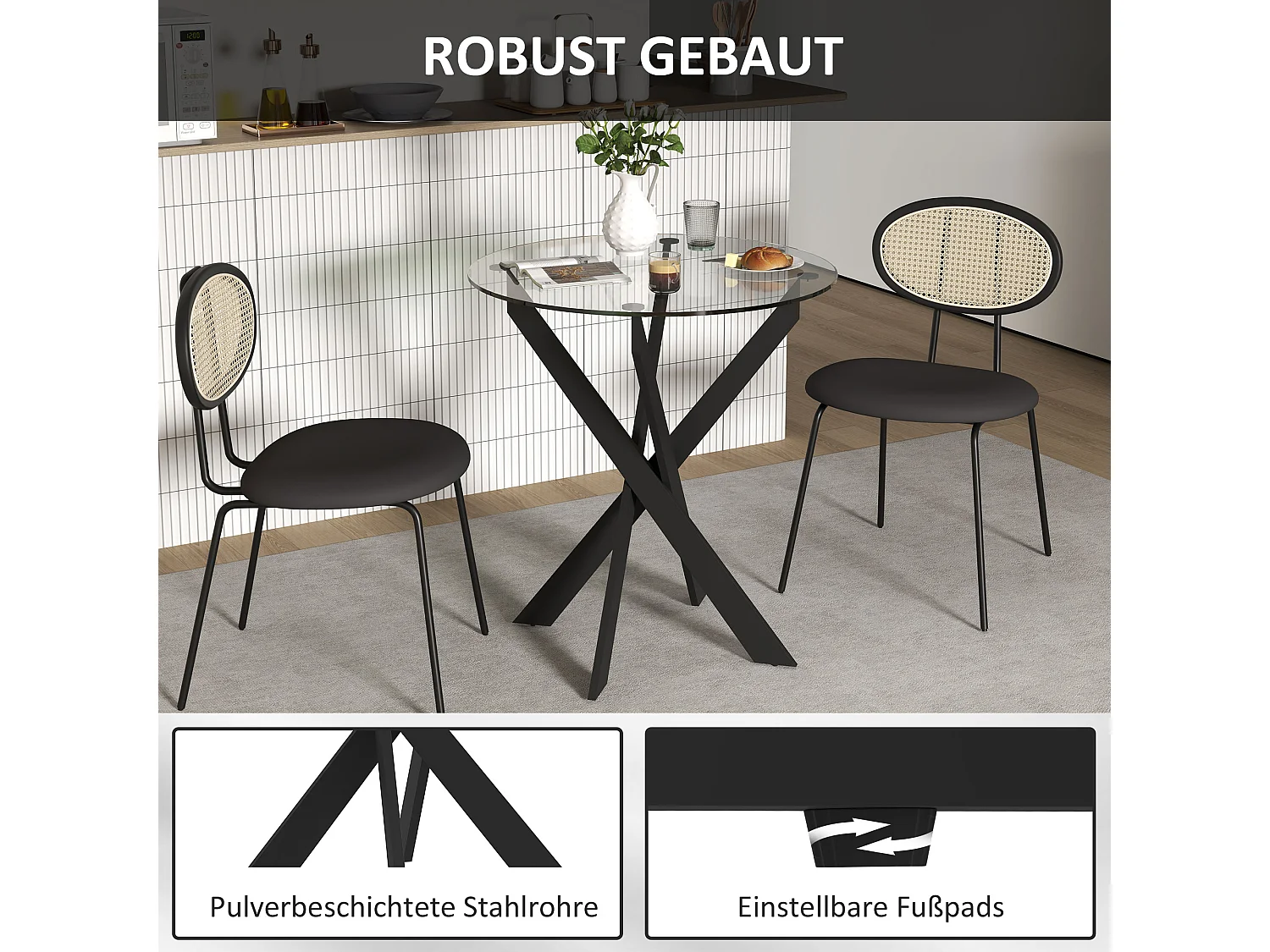 Mesa de comedor redonda, tapa de cristal templado, patas de acero negro, diseño moderno, negra y transparente (70x70x75cm)
