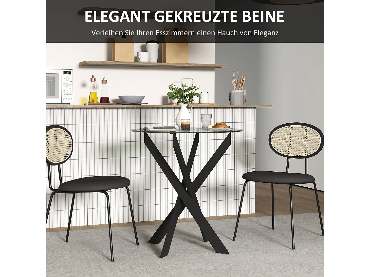 Mesa de comedor redonda, tapa de cristal templado, patas de acero negro, diseño moderno, negra y transparente (70x70x75cm)