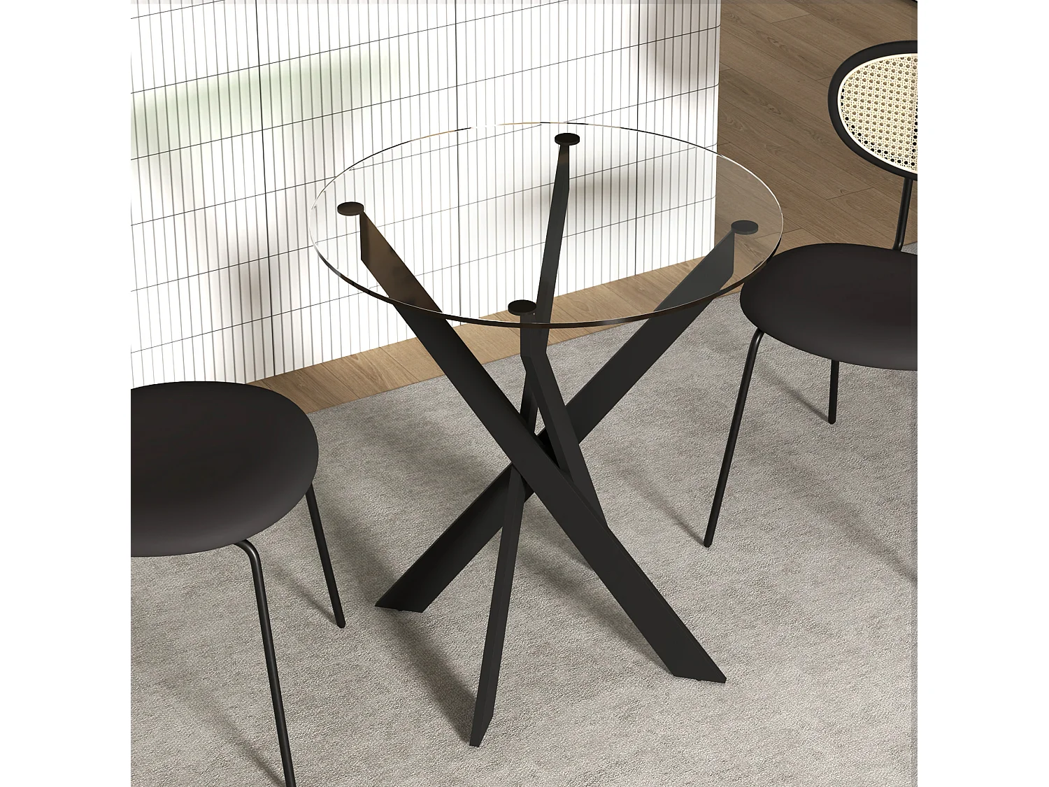 Mesa de comedor redonda, tapa de cristal templado, patas de acero negro, diseño moderno, negra y transparente (70x70x75cm)