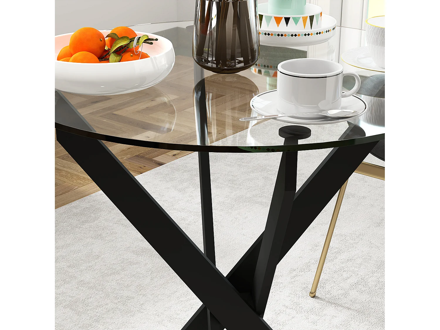 Mesa de comedor redonda, tapa de cristal templado, patas de acero negro, diseño moderno, negra y transparente (70x70x75cm)