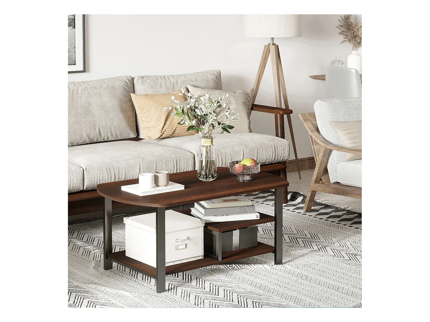 Couchtisch mit Ablagen, Retro-Design, Spanplatte und Stahl, braun (100x60x46 cm)