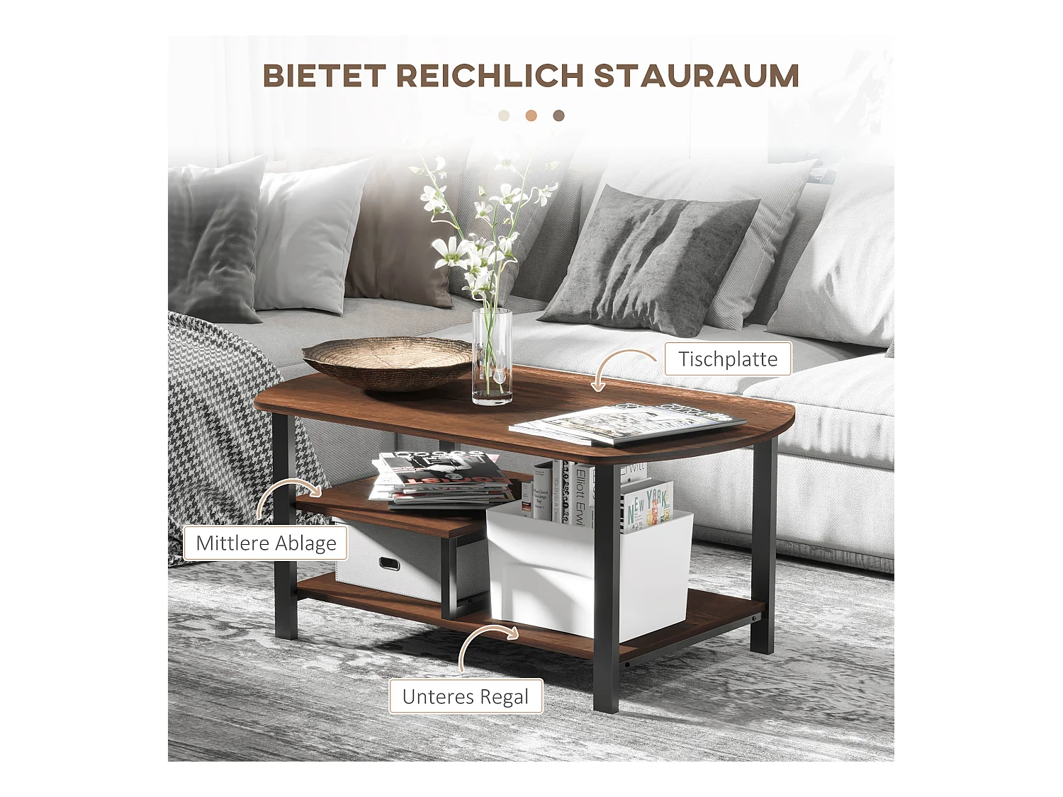 Couchtisch mit Ablagen, Retro-Design, Spanplatte und Stahl, braun (100x60x46 cm)