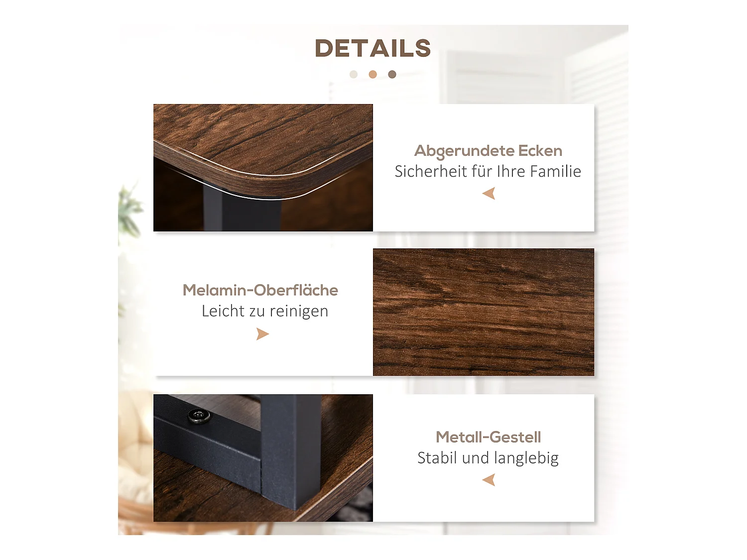 Couchtisch mit Ablagen, Retro-Design, Spanplatte und Stahl, braun (100x60x46 cm)