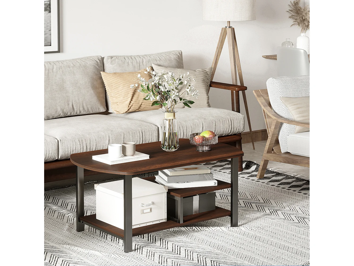 Table basse avec étagères, design rétro, panneau de particules et acier, brun (100x60x46 cm)