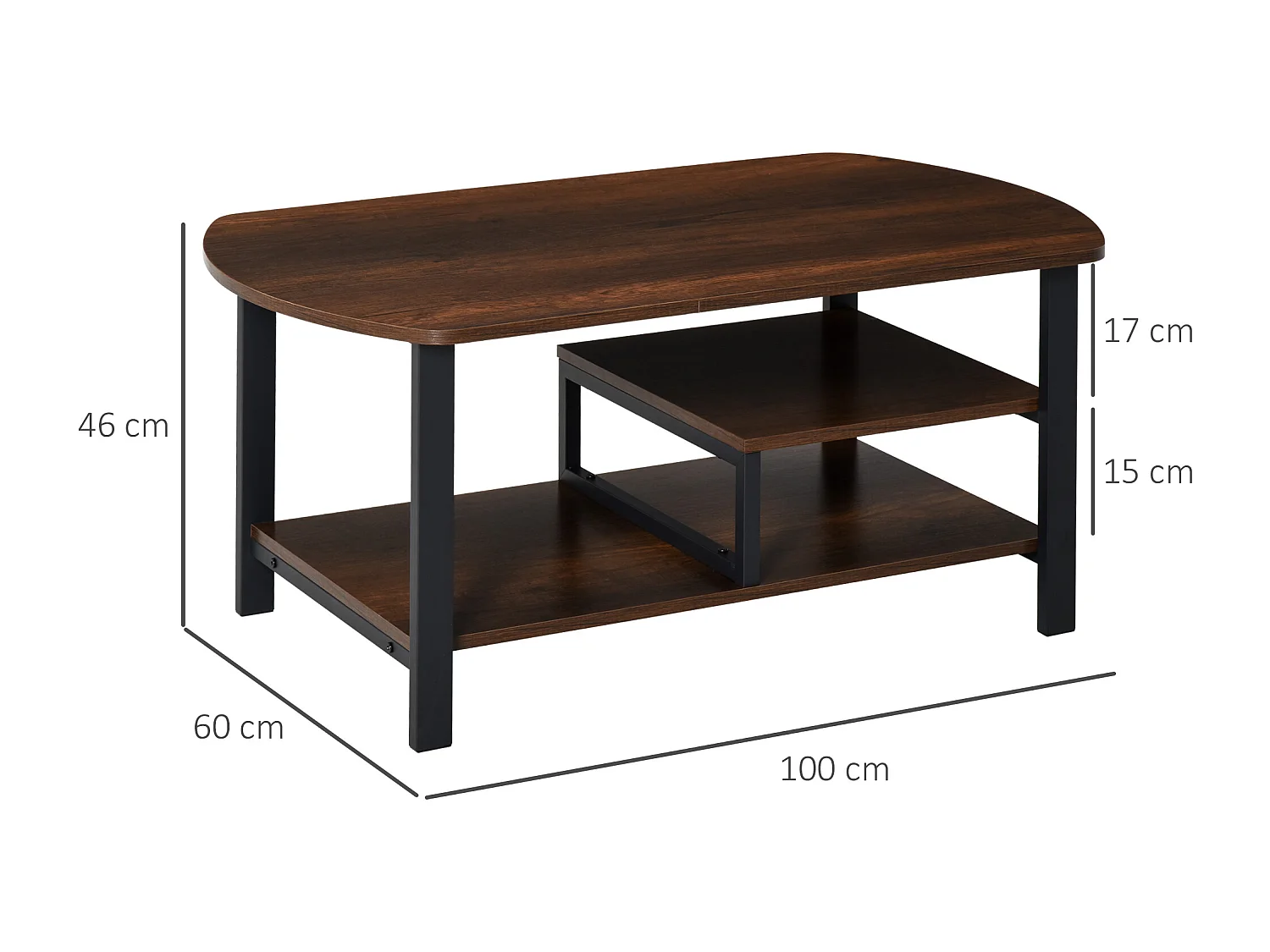 Table basse avec étagères, design rétro, panneau de particules et acier, brun (100x60x46 cm)