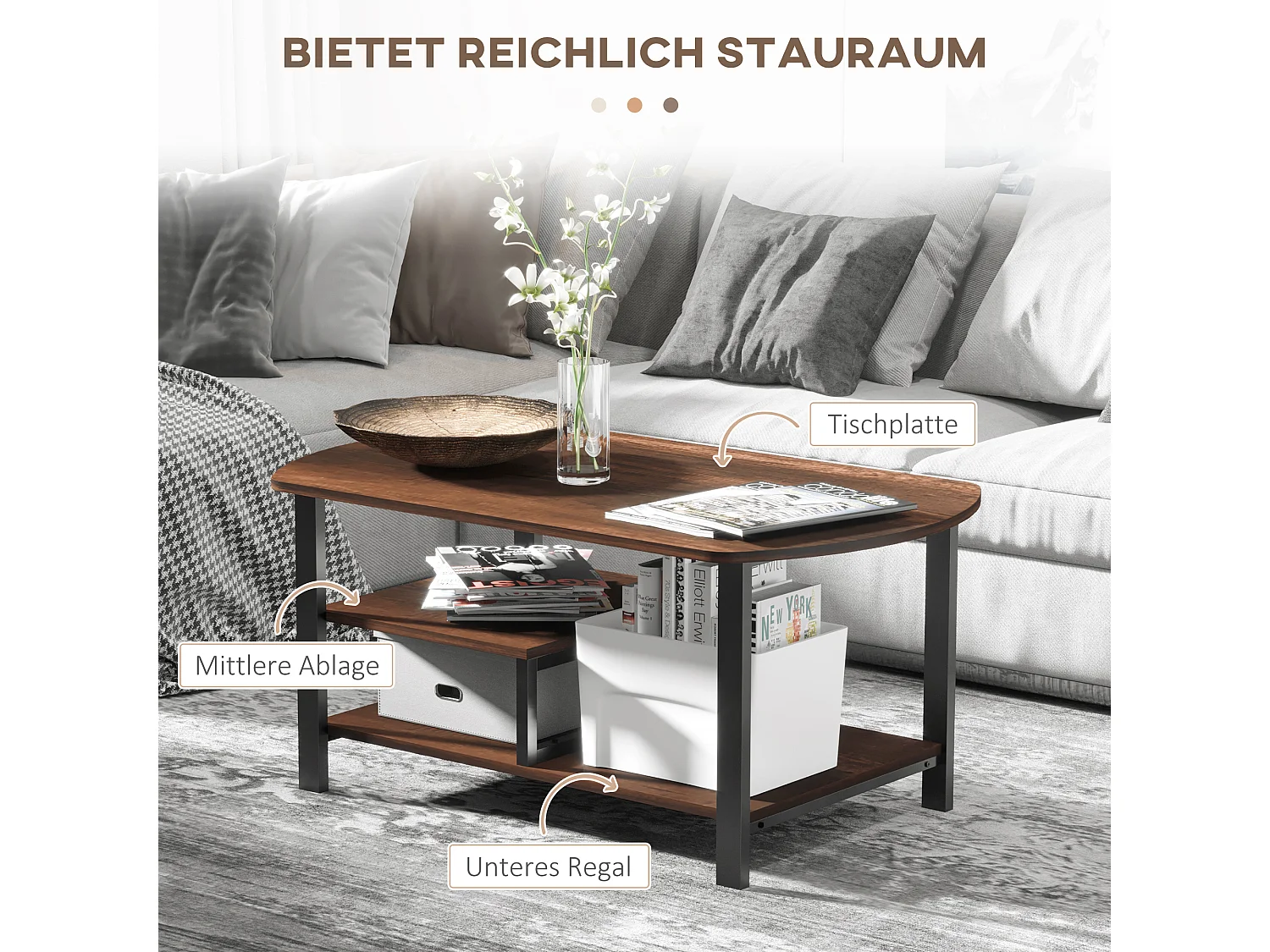 Table basse avec étagères, design rétro, panneau de particules et acier, brun (100x60x46 cm)