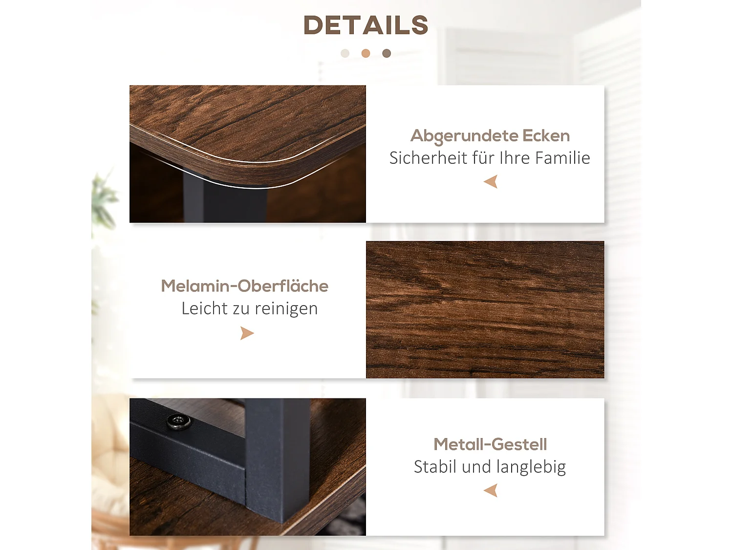 Table basse avec étagères, design rétro, panneau de particules et acier, brun (100x60x46 cm)