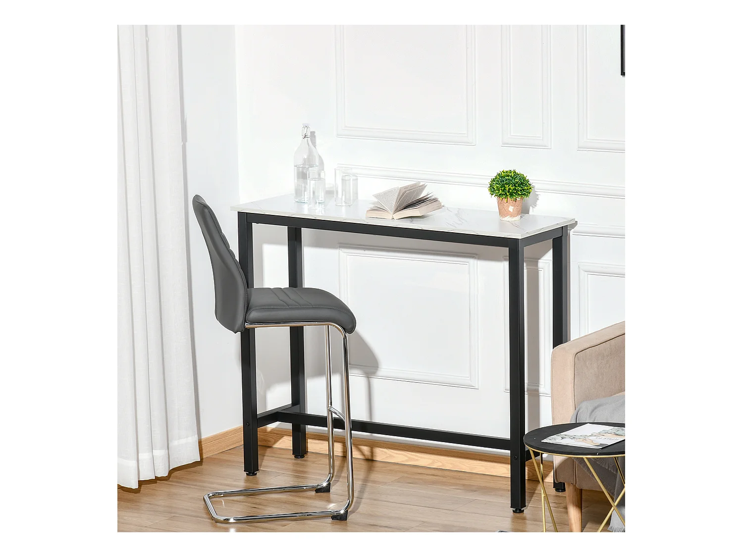 Bartafel met verstelbare poten, marmerdecor, staal, wit en zwart (120x40x100 cm)