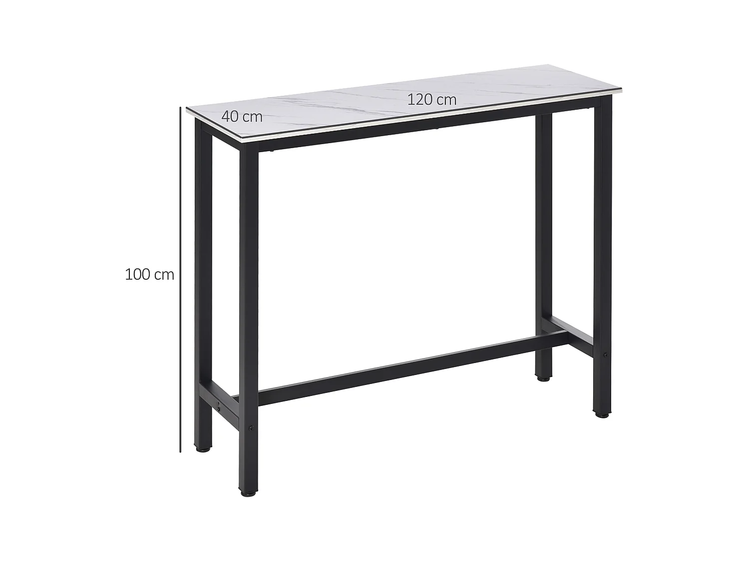 Bartafel met verstelbare poten, marmerdecor, staal, wit en zwart (120x40x100 cm)