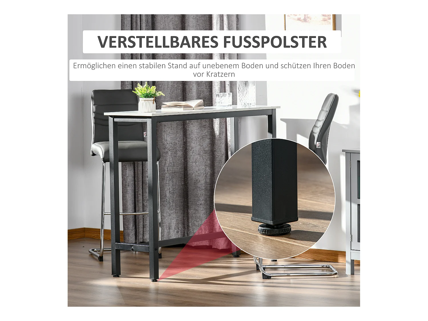 Bartafel met verstelbare poten, marmerdecor, staal, wit en zwart (120x40x100 cm)