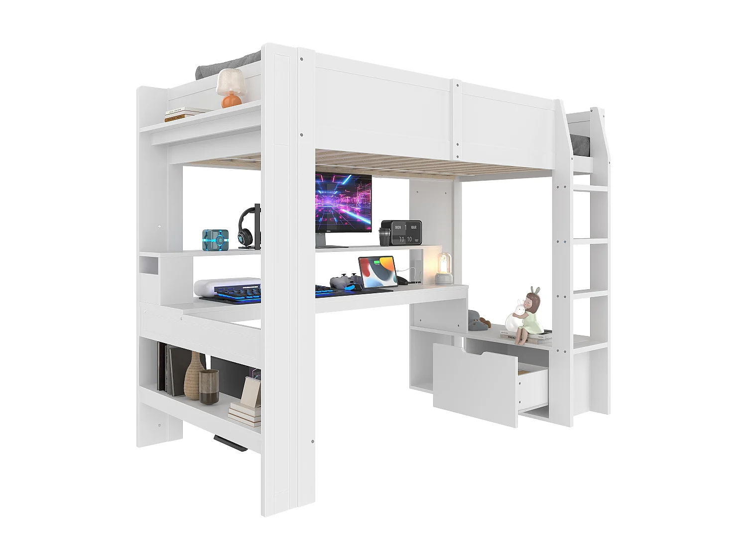 Hoogslaper, 90x200 cm, met bureau, LED, planken, lade, wit (217x103x154,5 cm)