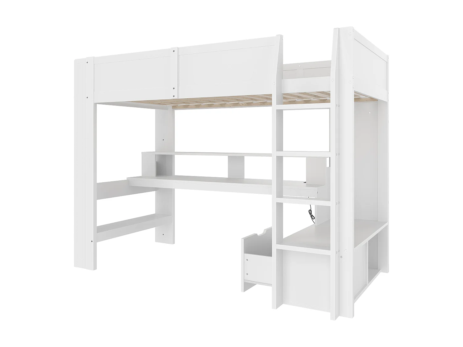 Hoogslaper, 90x200 cm, met bureau, LED, planken, lade, wit (217x103x154,5 cm)