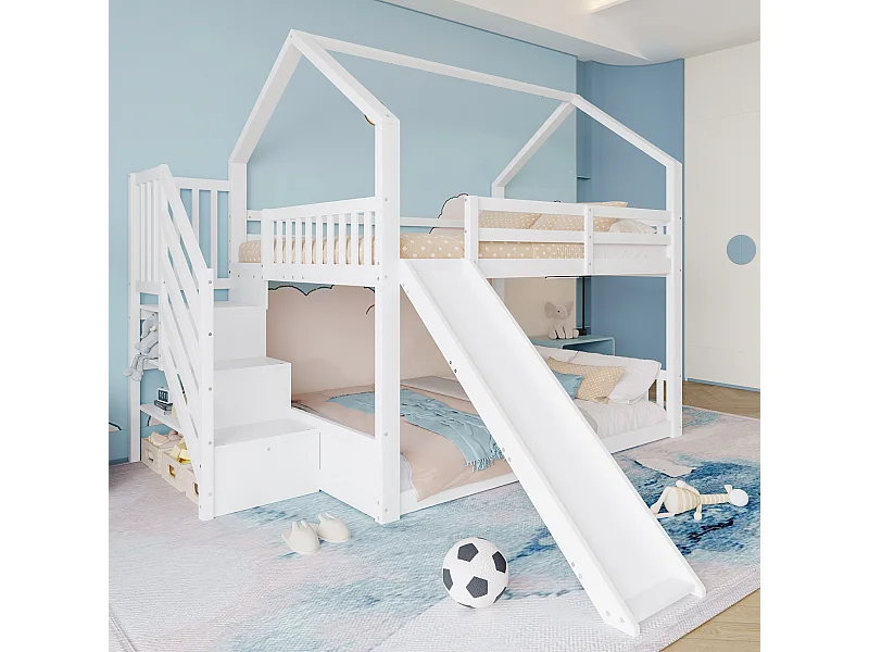 Cama alta, 140x200 cm, con escalera, tobogán, casita y barandilla, color blanco (254x251x201 cm)