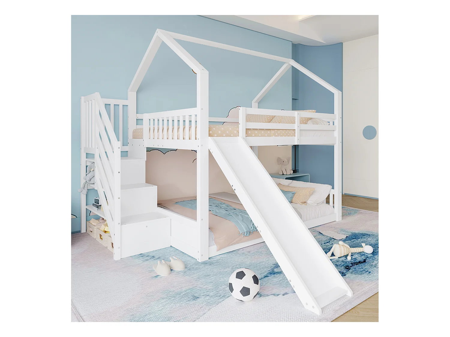 Lit mezzanine, 140x200 cm, avec échelle de rangement, toboggan, maison, garde-corps, blanc (254x251x201 cm)