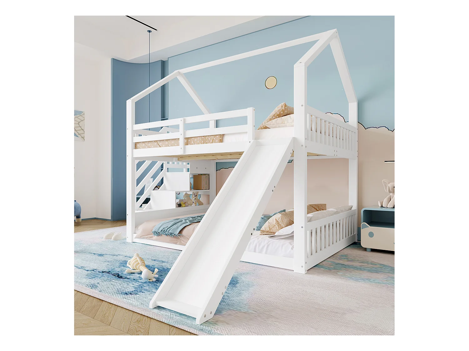 Lit mezzanine, 140x200 cm, avec échelle de rangement, toboggan, maison, garde-corps, blanc (254x251x201 cm)