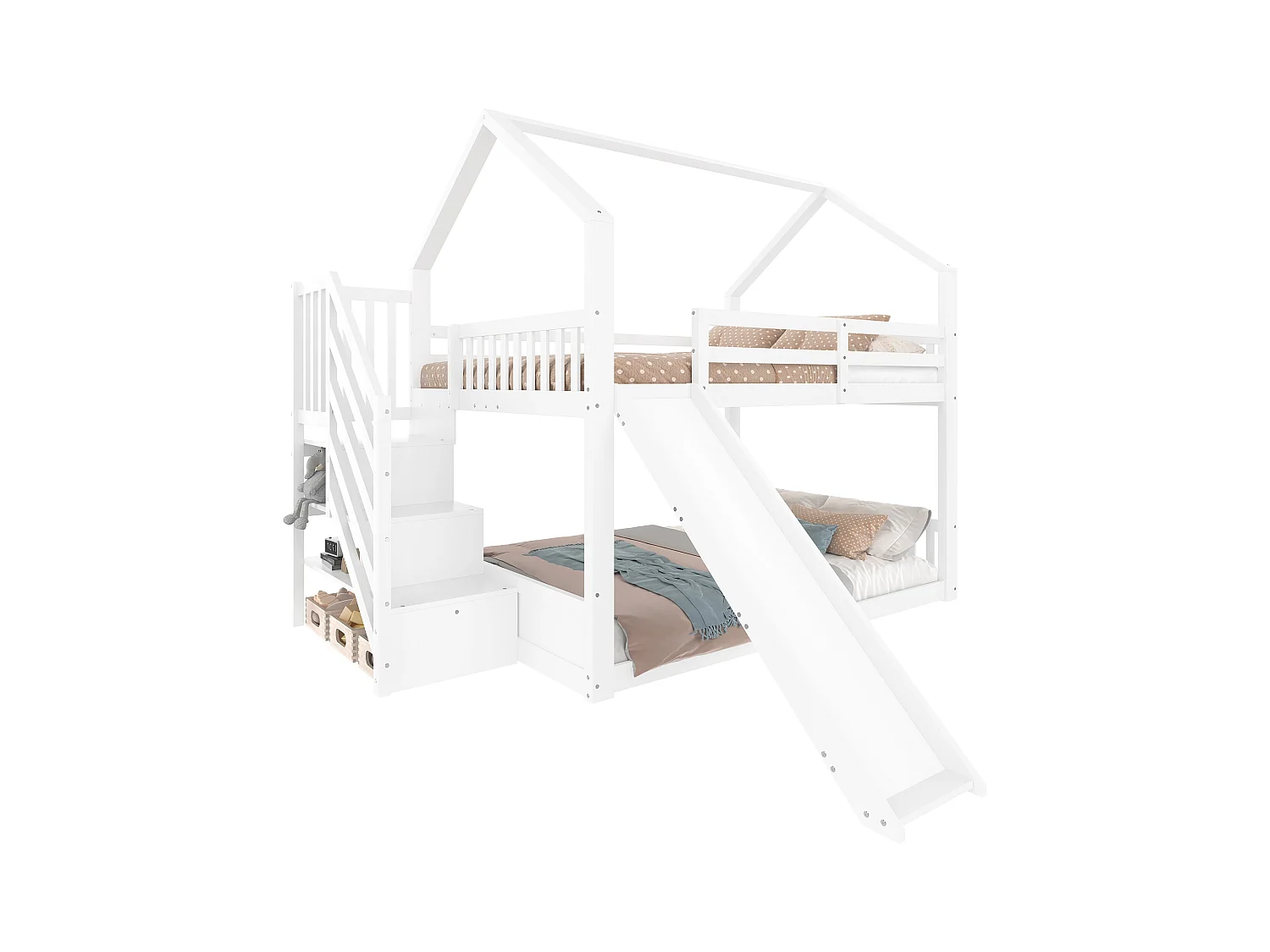 Lit mezzanine, 140x200 cm, avec échelle de rangement, toboggan, maison, garde-corps, blanc (254x251x201 cm)