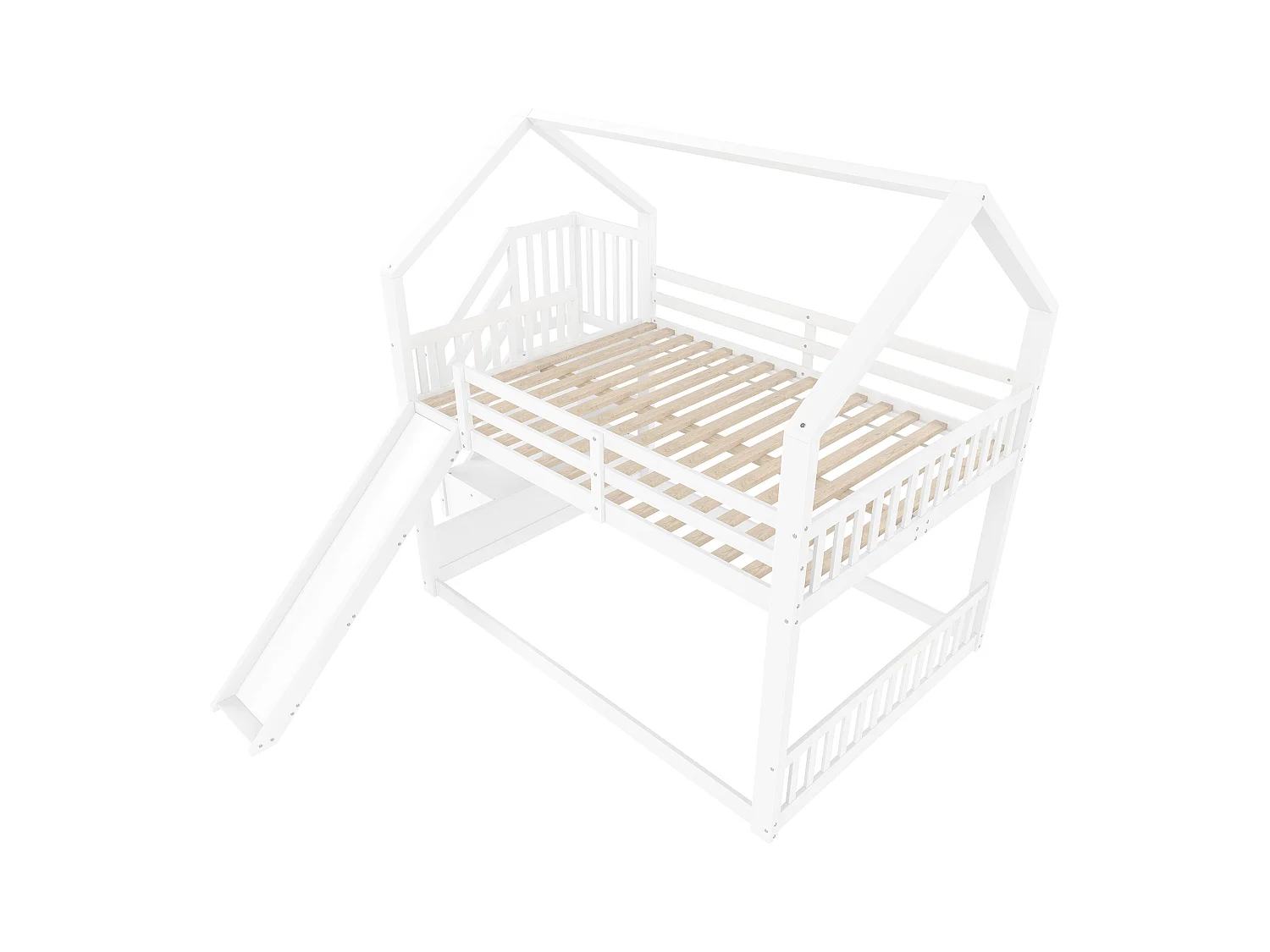 Lit mezzanine, 140x200 cm, avec échelle de rangement, toboggan, maison, garde-corps, blanc (254x251x201 cm)