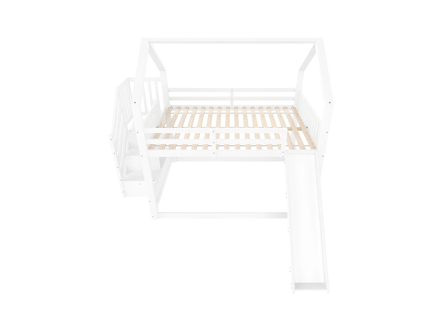 Lit mezzanine, 140x200 cm, avec échelle de rangement, toboggan, maison, garde-corps, blanc (254x251x201 cm)