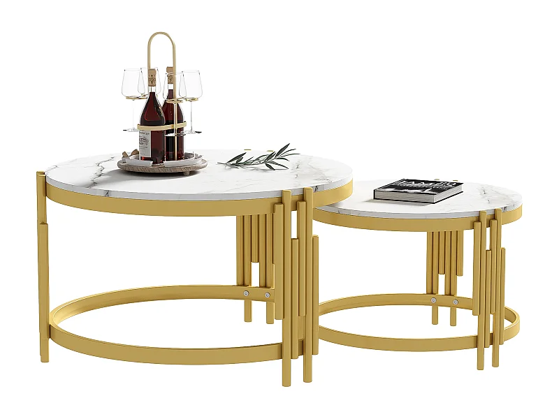 Table basse modulable 2 pièces, design moderne, surface effet marbre, cadre métallique doré (71.5x71.5x44 cm + 51.5x51.5x37 cm)