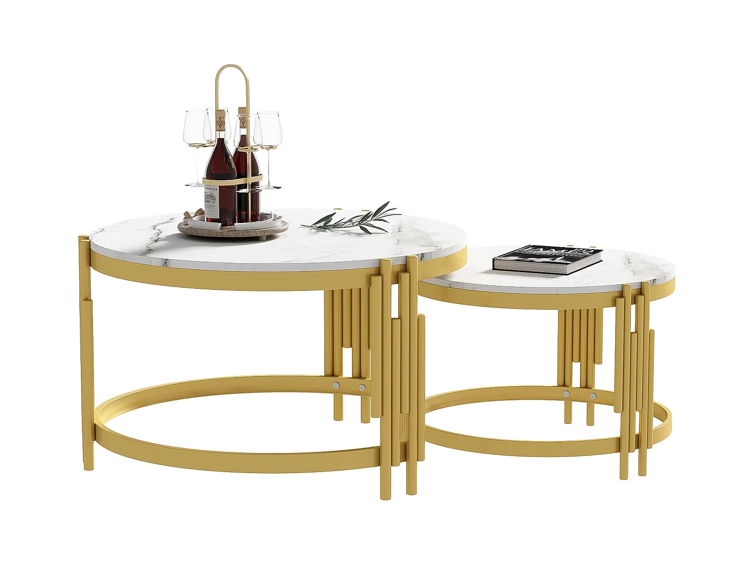 Table basse modulable 2 pièces, design moderne, surface effet marbre, cadre métallique doré (71.5x71.5x44 cm + 51.5x51.5x37 cm)