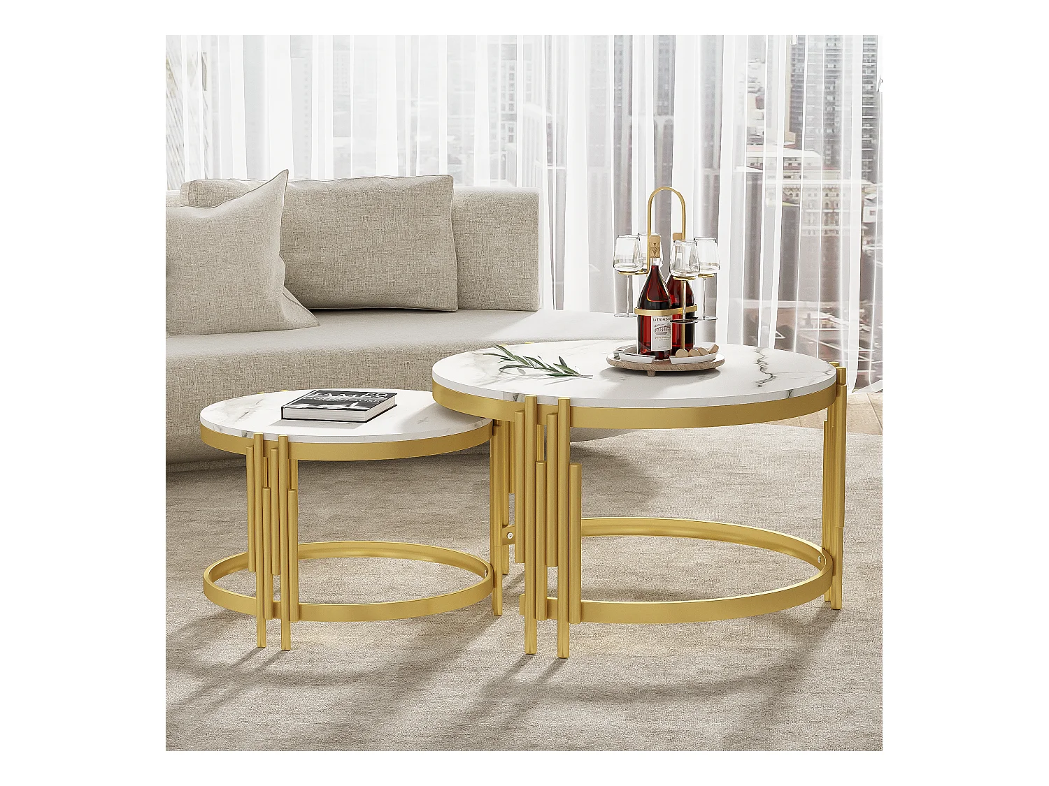 Table basse modulable 2 pièces, design moderne, surface effet marbre, cadre métallique doré (71.5x71.5x44 cm + 51.5x51.5x37 cm)