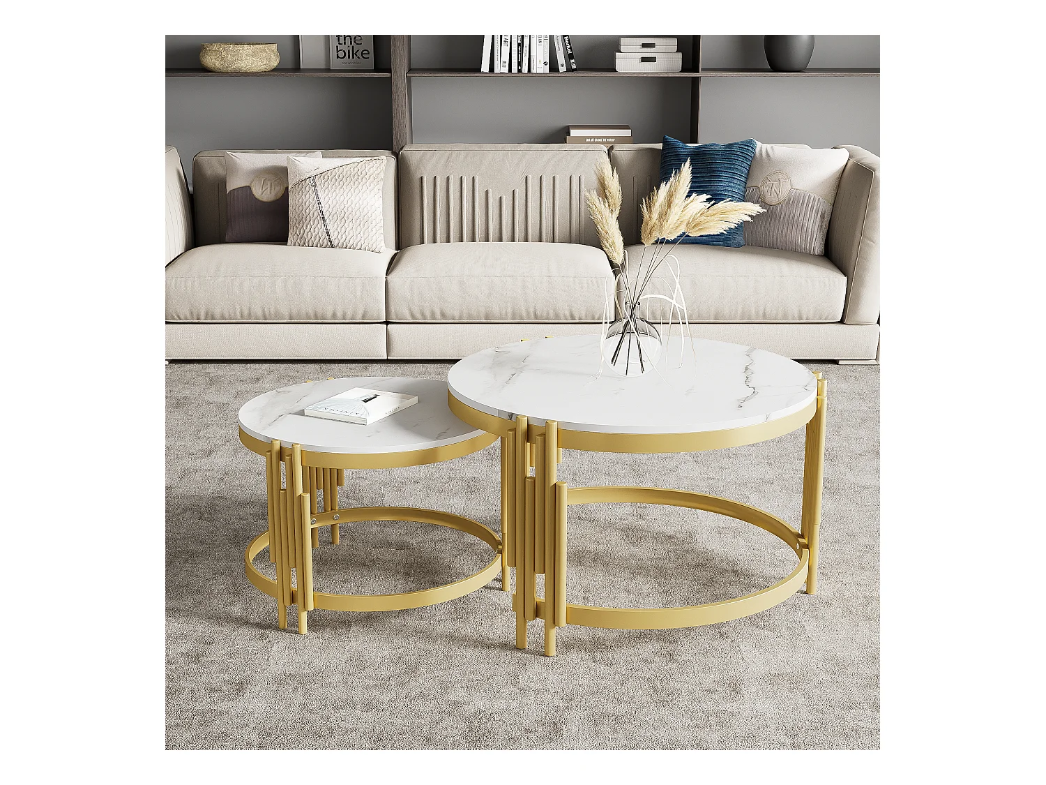 Table basse modulable 2 pièces, design moderne, surface effet marbre, cadre métallique doré (71.5x71.5x44 cm + 51.5x51.5x37 cm)