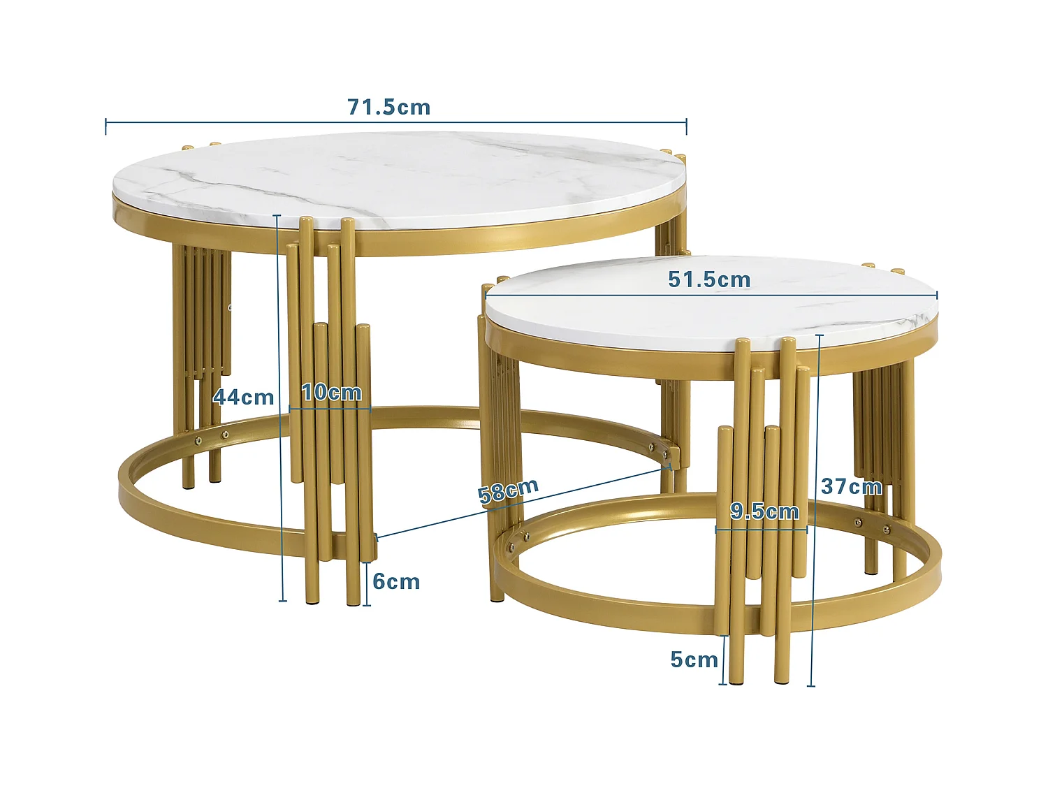 Table basse modulable 2 pièces, design moderne, surface effet marbre, cadre métallique doré (71.5x71.5x44 cm + 51.5x51.5x37 cm)